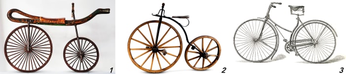1) Push-bike Draisine, 1825 2) Penny-fathing, ca. 1870s 3) Safety bike 1885